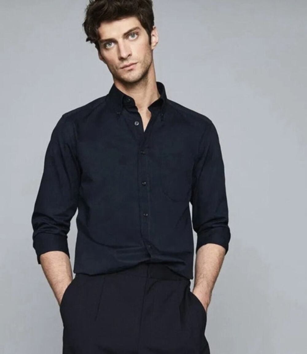 REISS Blanco Slim Fit Button Down Shirt Size M Navy Blue $145